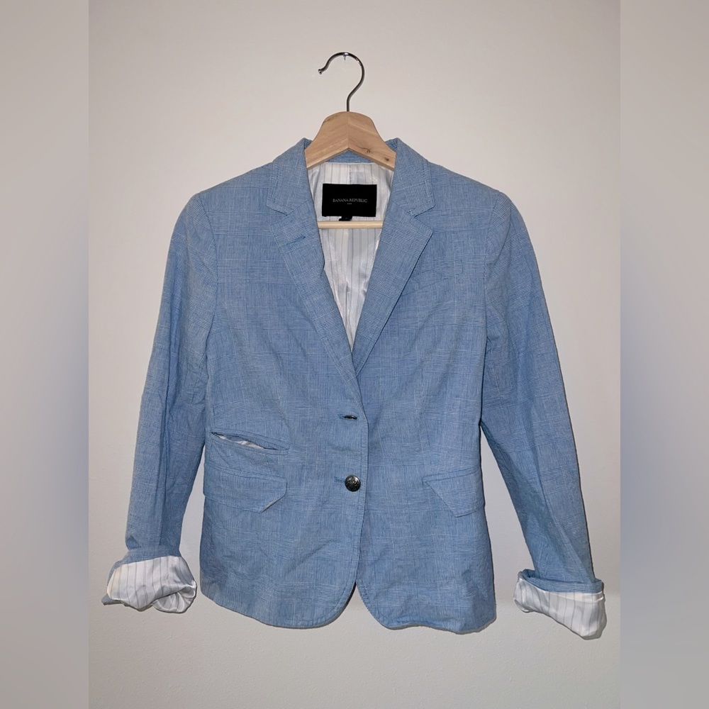 Banana Republic Gingham Blue Linen Blazer Coat